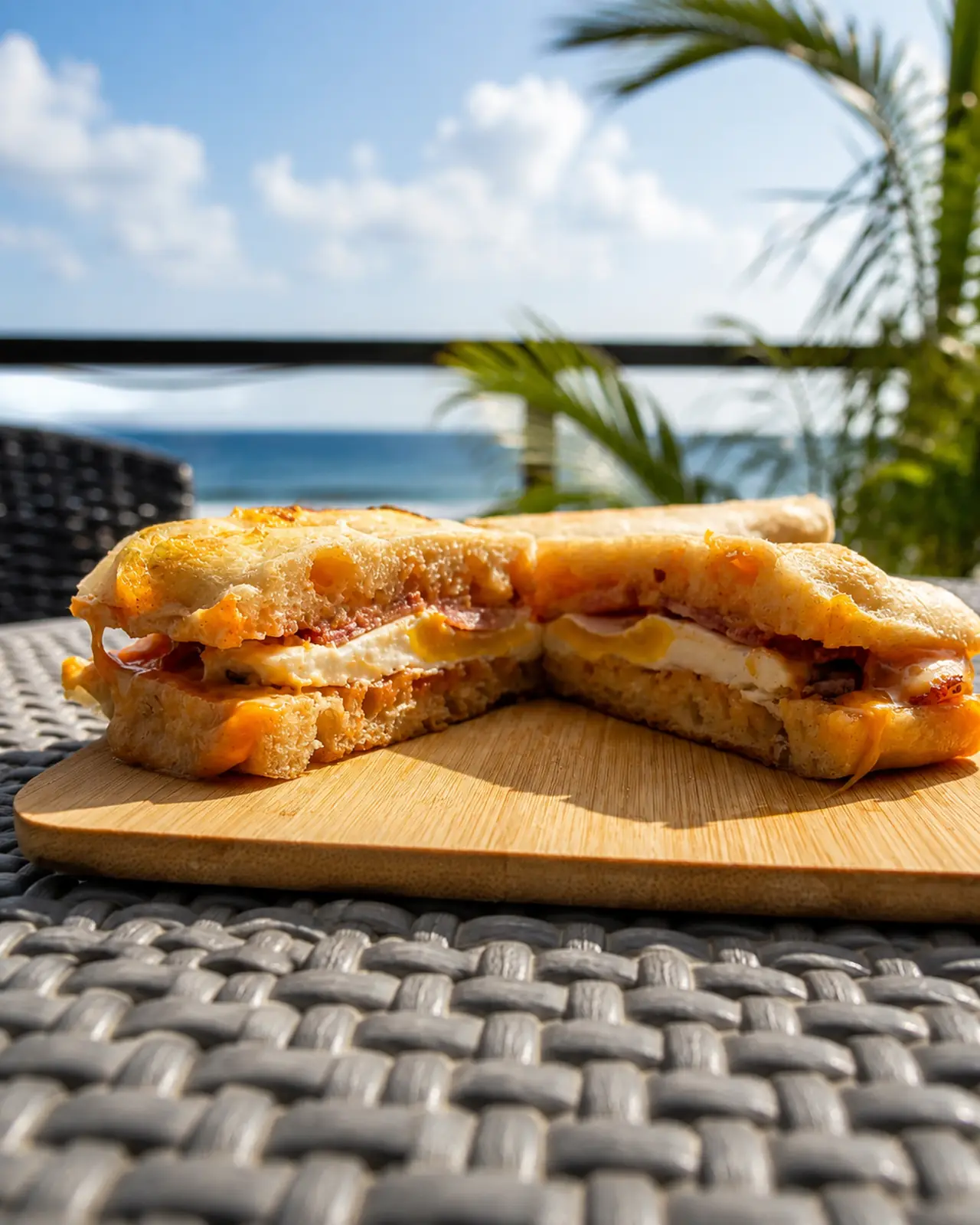 Toasted focaccia filled with bacon, fried egg and melted cheese, served by the water