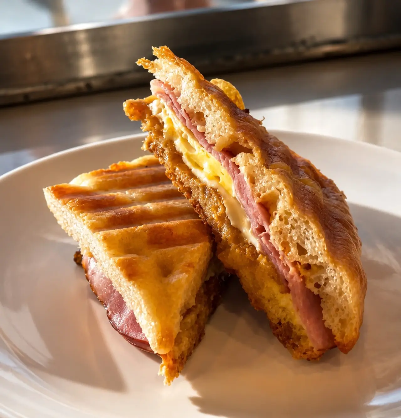 Grilled focaccia filled with ham, egg and melted cheese, cut in half on a white plate