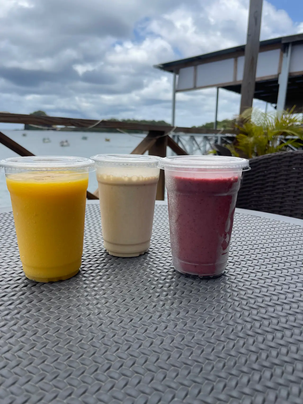 Island Sunrise mango smoothie, one of three fresh smoothies on a table overlooking the bay